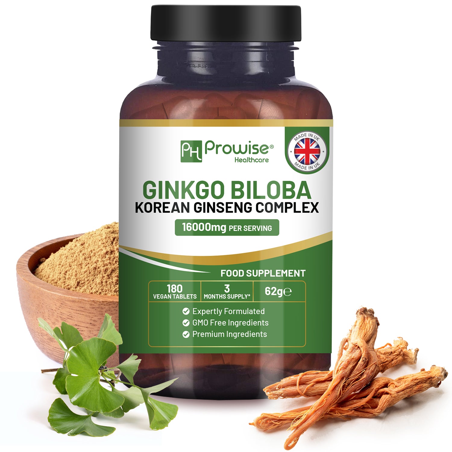 Prowise Ginkgo Biloba & Korean Ginseng 16000mg - 180 Vegan Tablets