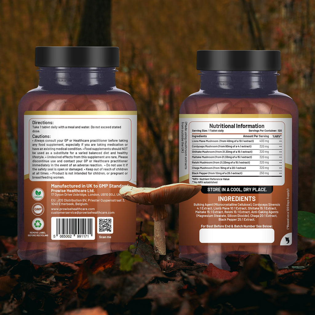 Advanced Mushroom Complex 2000mg - 6-Mushroom Blend, 120 Vegan Tablets (UK)
