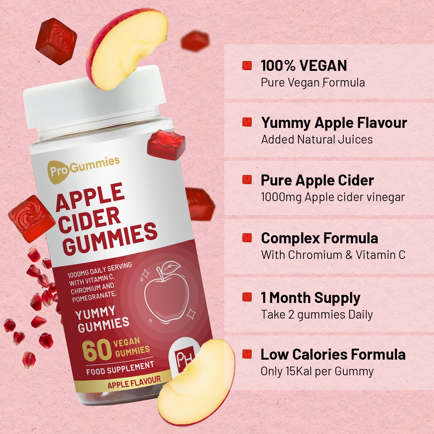 Vegan Apple Cider Vinegar Gummies 1000mg - Apple Flavour, Vitamin C, Chromium