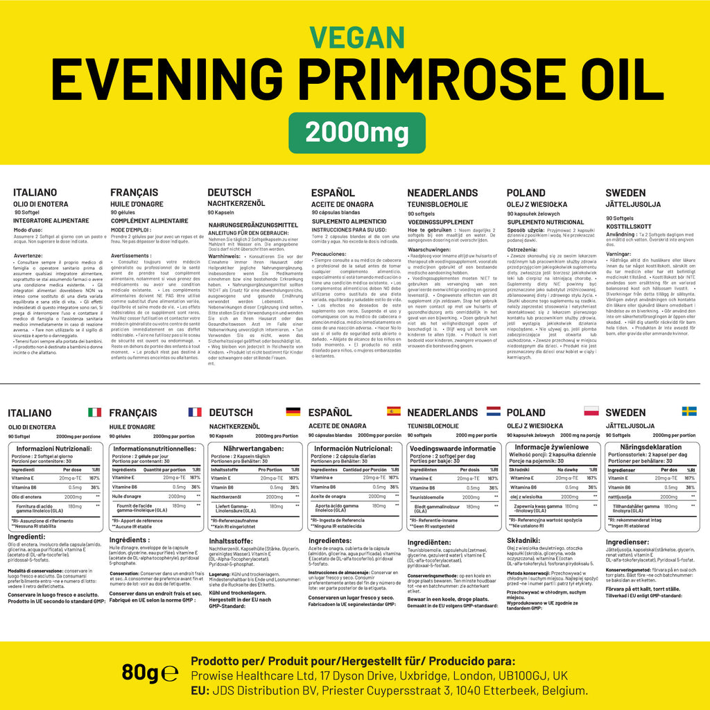 Vegan Evening Primrose Oil 2000mg with Vitamin E & B6, 60 Softgels