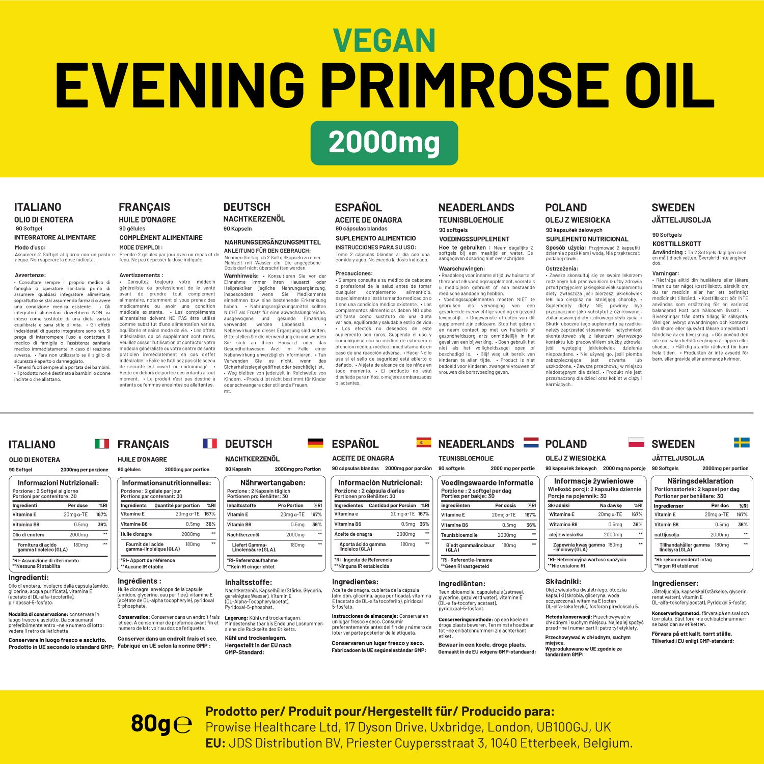 Vegan Evening Primrose Oil 2000mg with Vitamin E & B6, 60 Softgels
