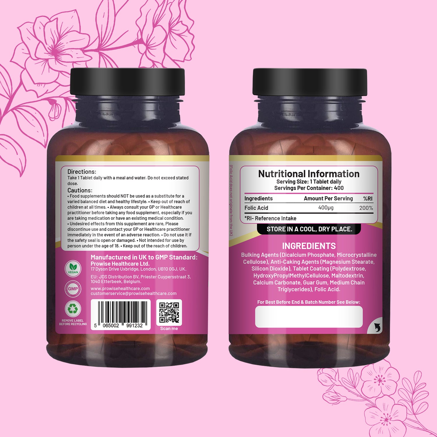 Folic Acid 400 mcg Tablets - 400 Vegan Vitamin B9 for Daily Health