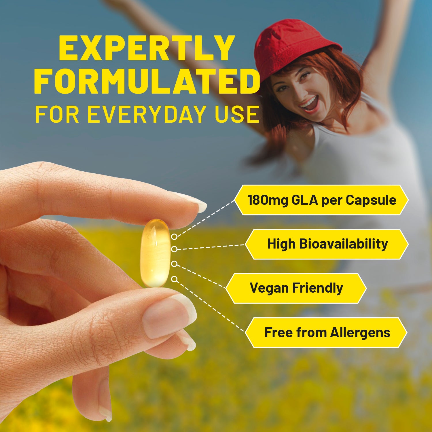 Vegan Evening Primrose Oil 2000mg with Vitamin E & B6, 60 Softgels