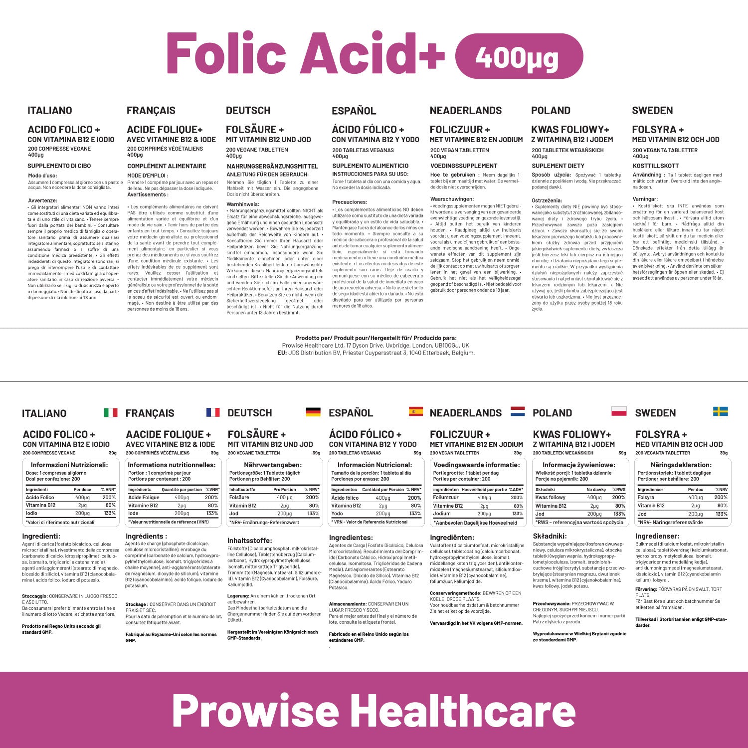 Folic Acid 400 mcg Tablets - 400 Vegan Vitamin B9 for Daily Health