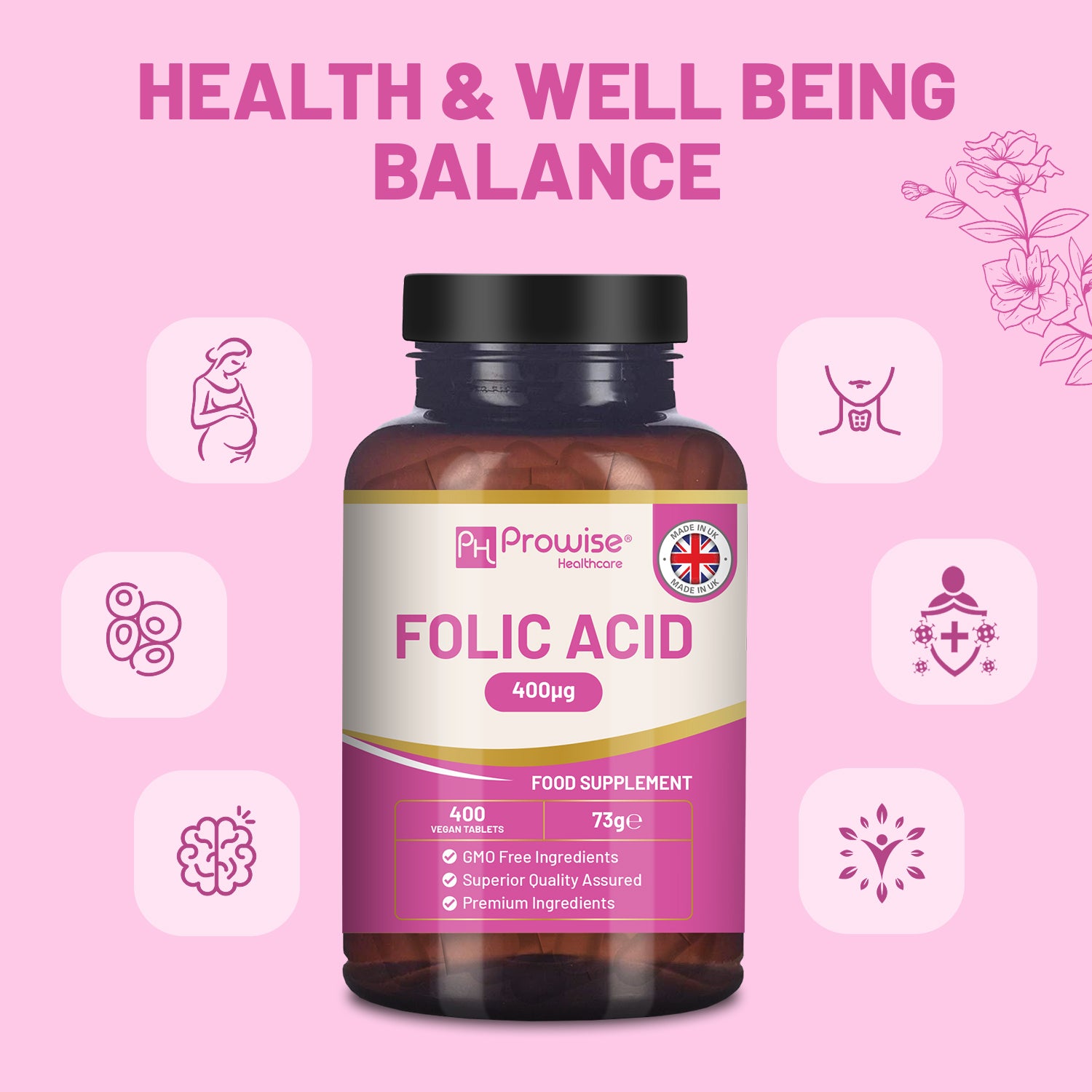 Folic Acid 400 mcg Tablets - 400 Vegan Vitamin B9 for Daily Health