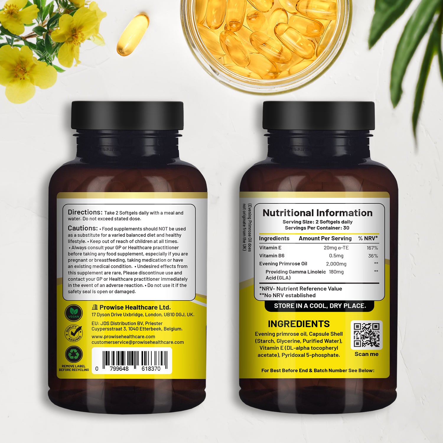 Vegan Evening Primrose Oil 2000mg with Vitamin E & B6, 60 Softgels