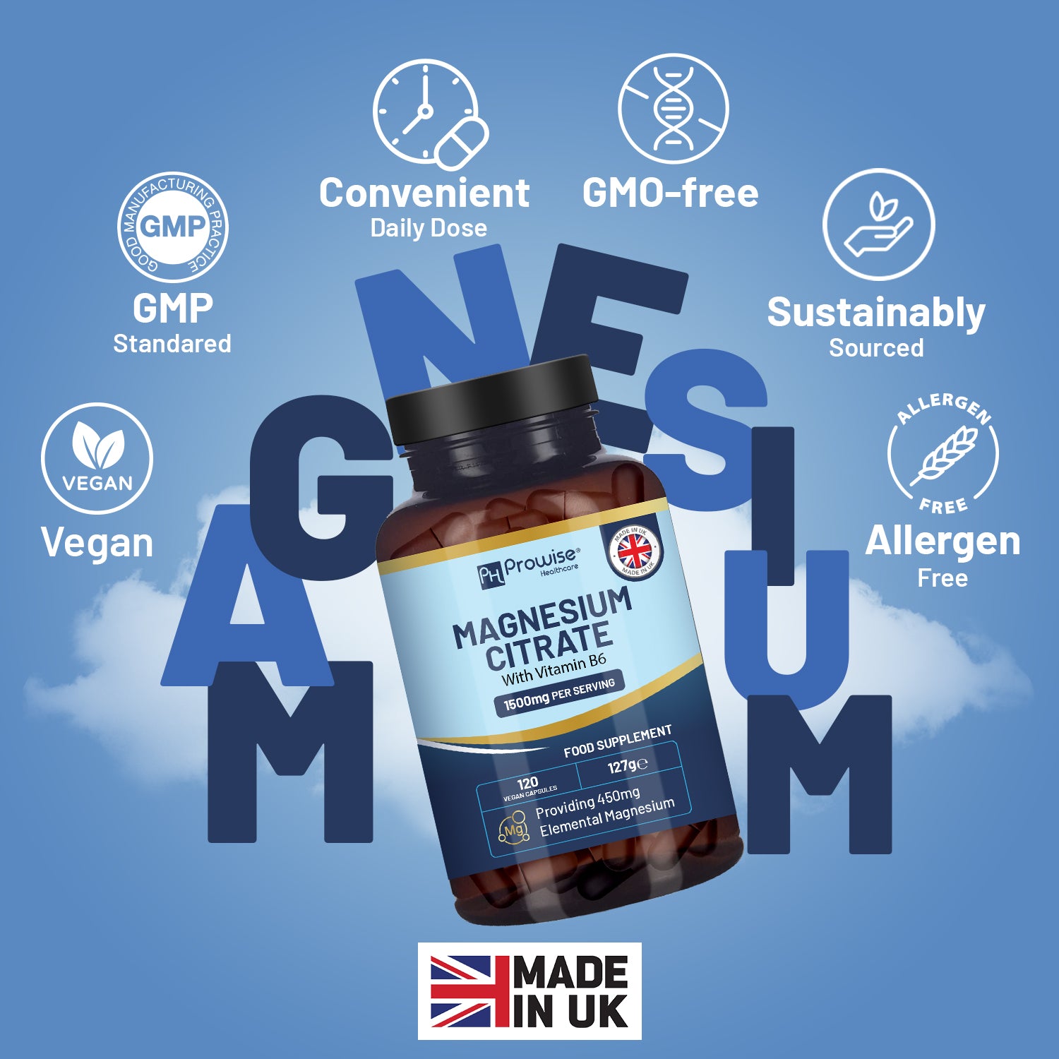 Prowise Magnesium Citrate 1500mg + Vitamin B6 - 120 Vegan Capsules - UK Made