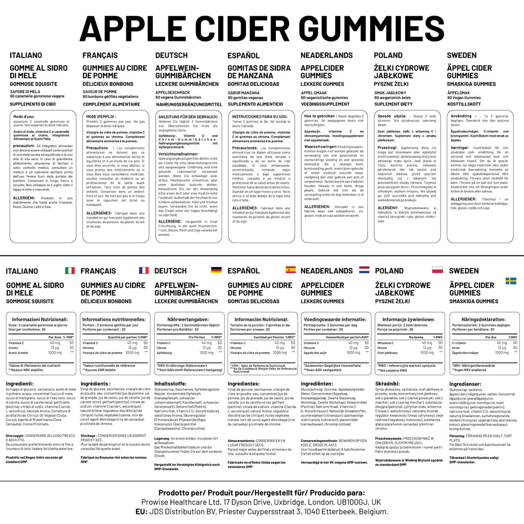 Vegan Apple Cider Vinegar Gummies 1000mg - Apple Flavour, Vitamin C, Chromium
