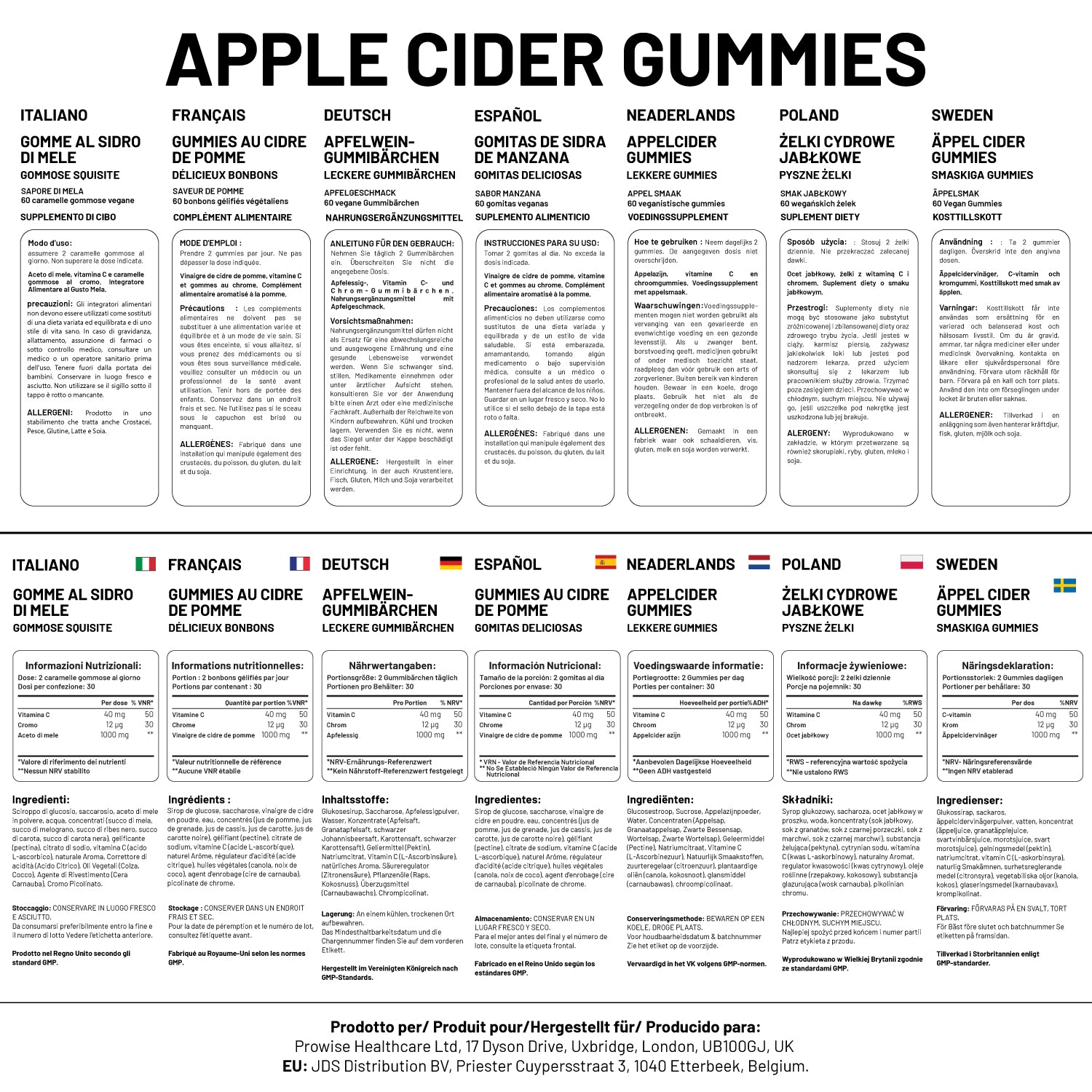 Vegan Apple Cider Vinegar Gummies 1000mg - Apple Flavour, Vitamin C, Chromium