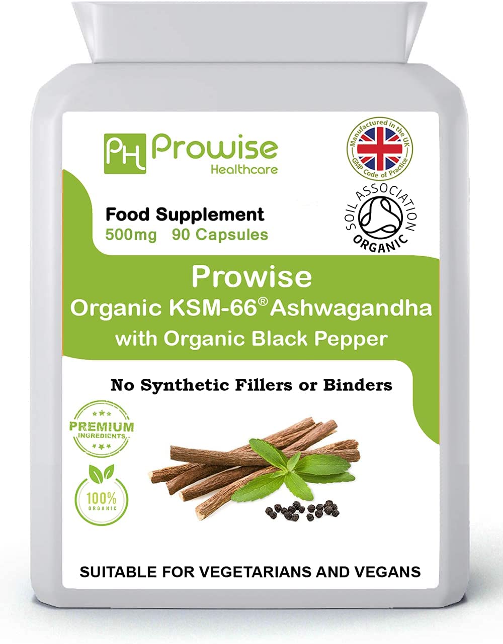 KSM-66 Ashwagandha + Organic Black Pepper 500mg, 90 Capsules