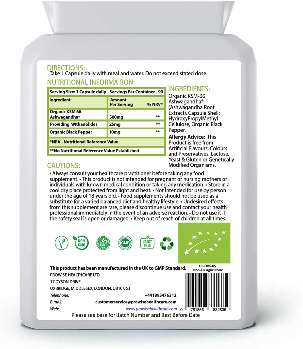 KSM-66 Ashwagandha + Organic Black Pepper 500mg, 90 Capsules