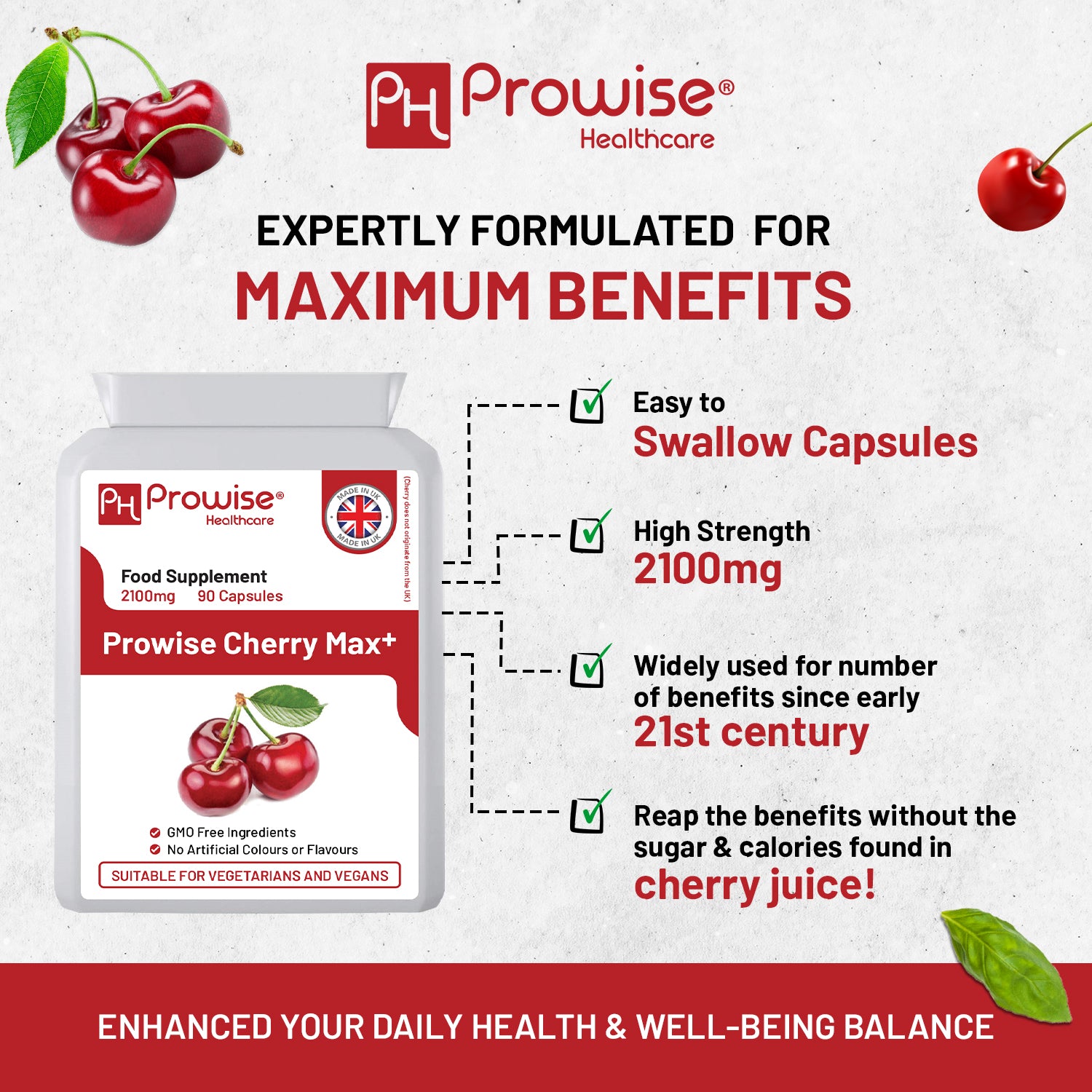 Cherry Max+ 2100mg Montmorency & Black Cherry — 90 Vegan Capsules, UK Made