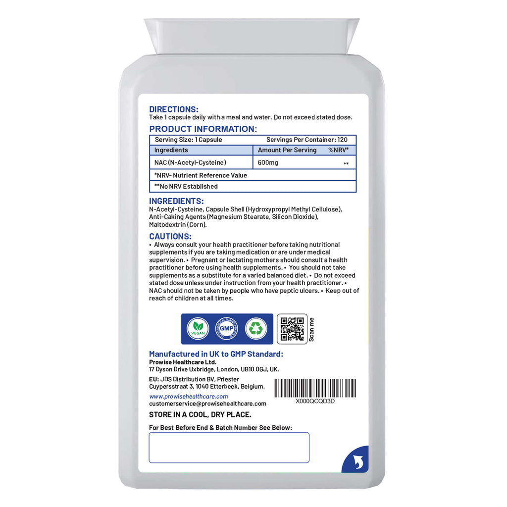 NAC N-Acetyl Cysteine 600mg - 120 Vegan Capsules, UK Made by Prowise