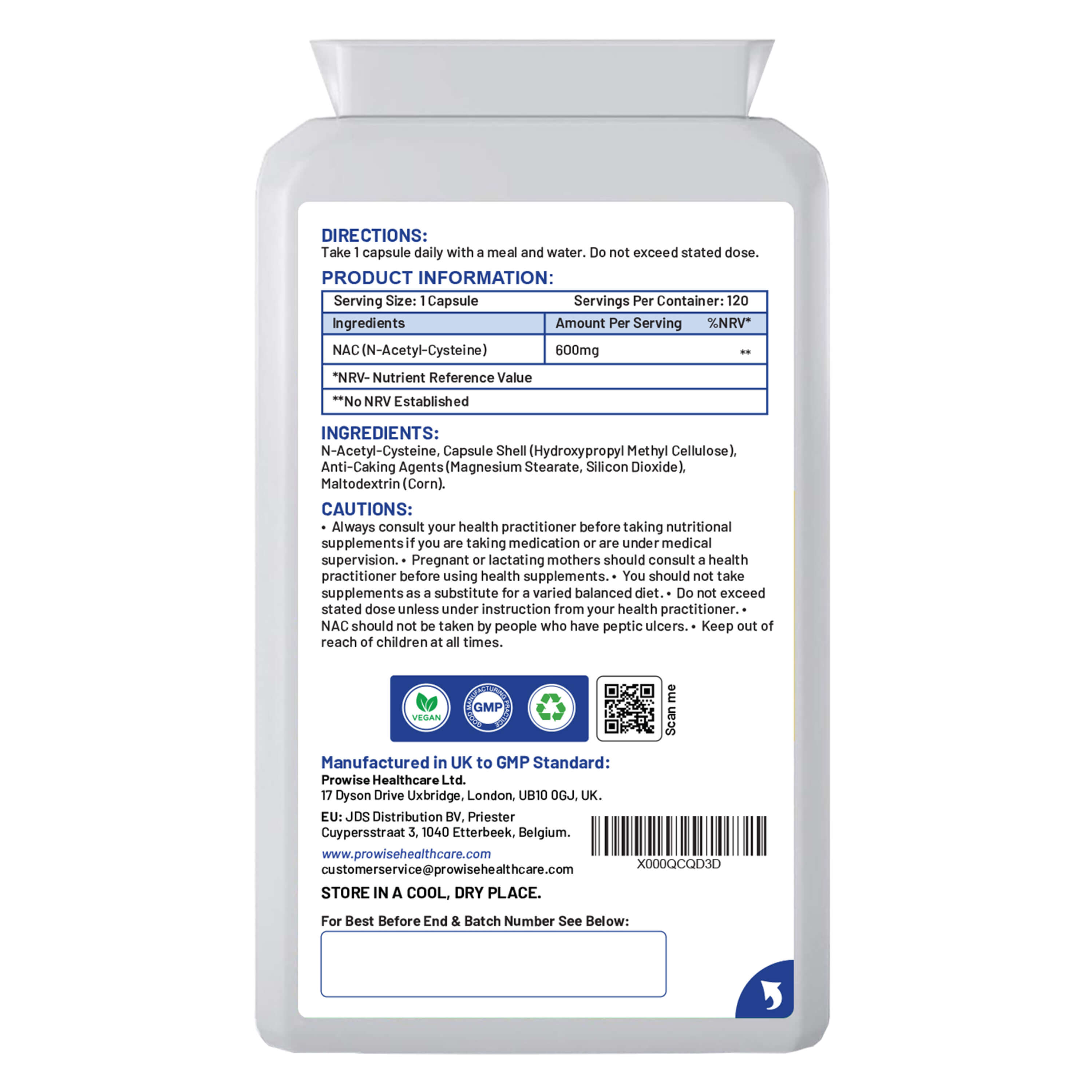 NAC N-Acetyl Cysteine 600mg - 120 Vegan Capsules, UK Made by Prowise