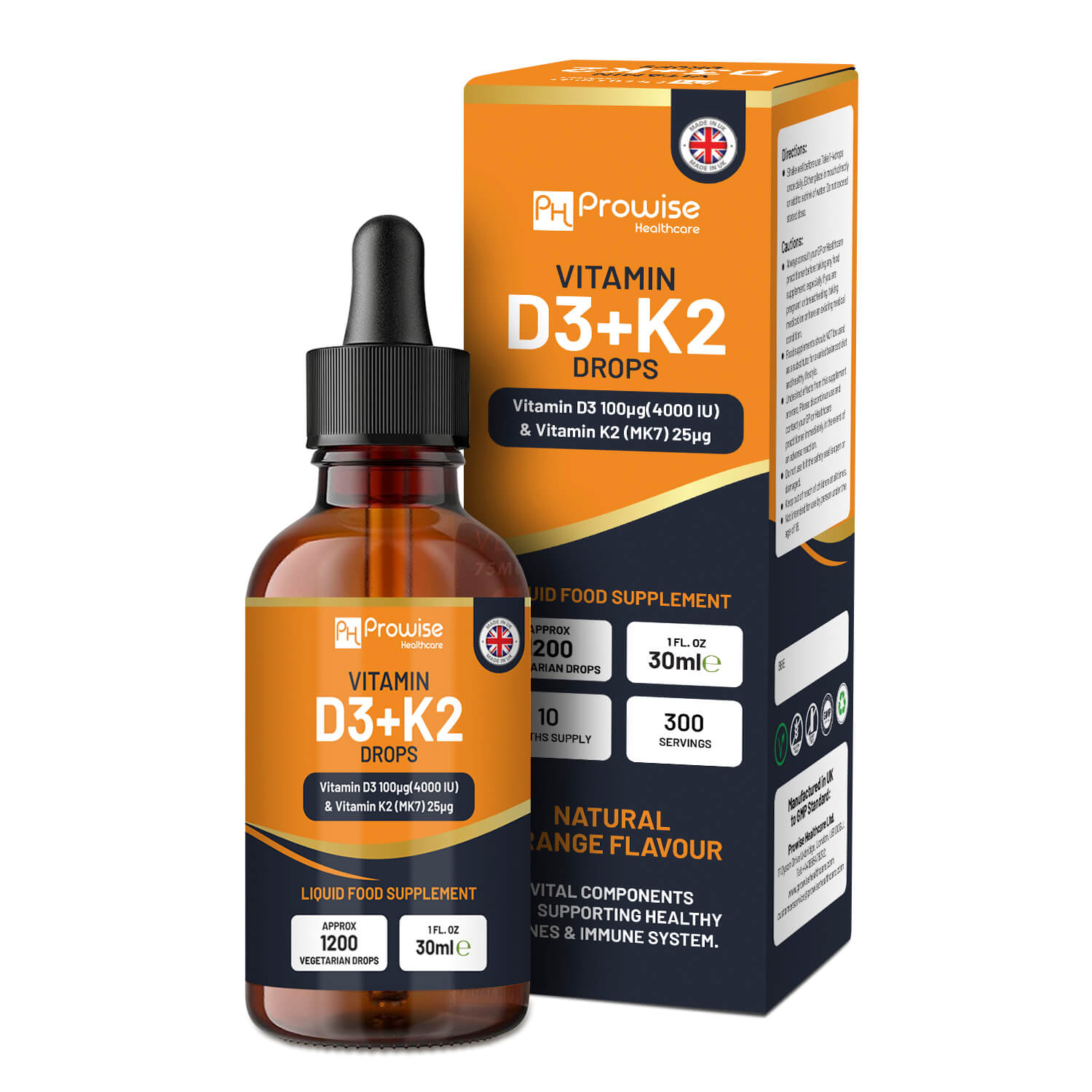 Vitamin D3 4000iu + K2 MK7 25µg Orange Liquid Drops, High Strength 30ml