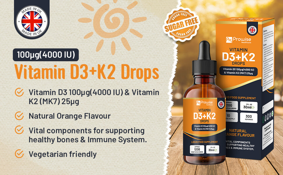 Vitamin D3 4000iu + K2 MK7 25µg Orange Liquid Drops, High Strength 30ml
