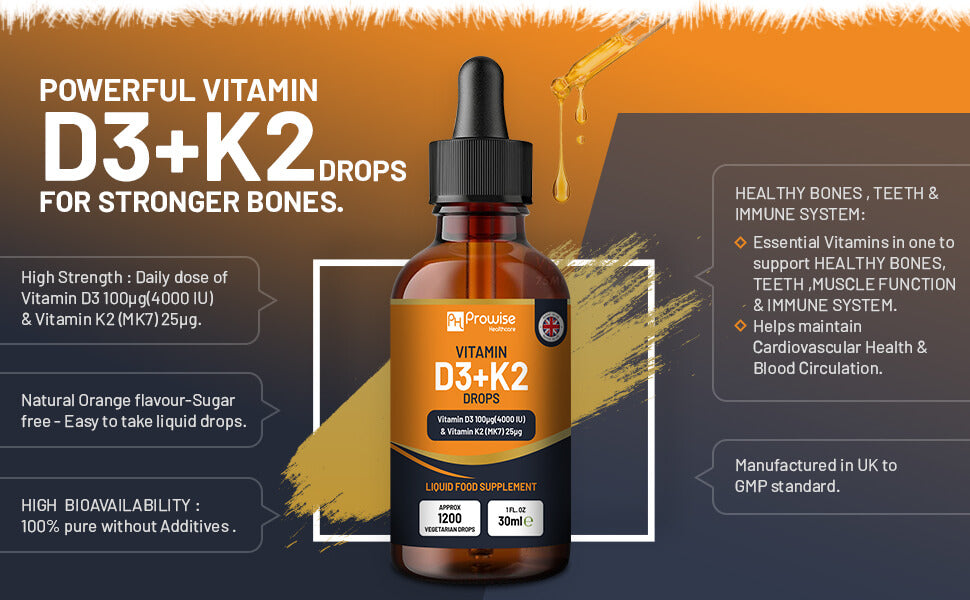 Vitamin D3 4000iu + K2 MK7 25µg Orange Liquid Drops, High Strength 30ml