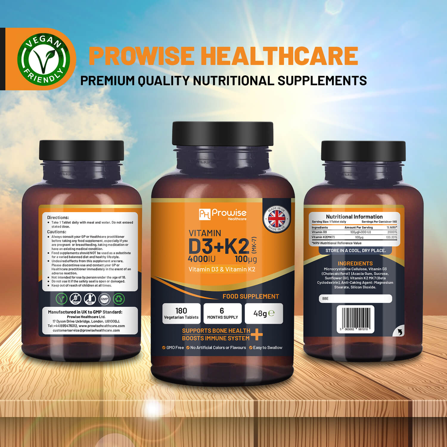 Vitamin D3 4000IU + K2 MK-7 100μg (180 Veg Tablets) Immune & Bone Support