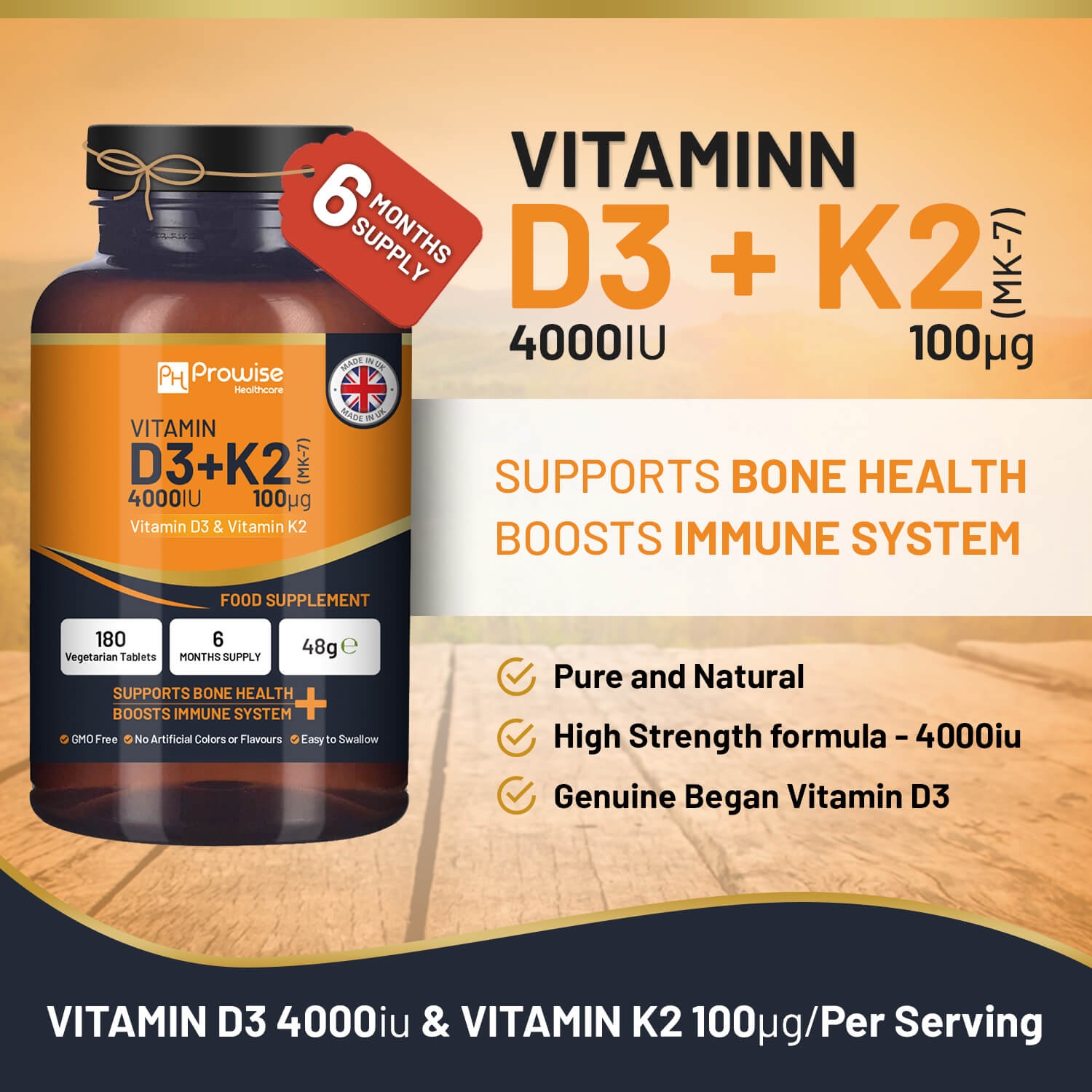 Vitamin D3 4000IU + K2 MK-7 100μg (180 Veg Tablets) Immune & Bone Support