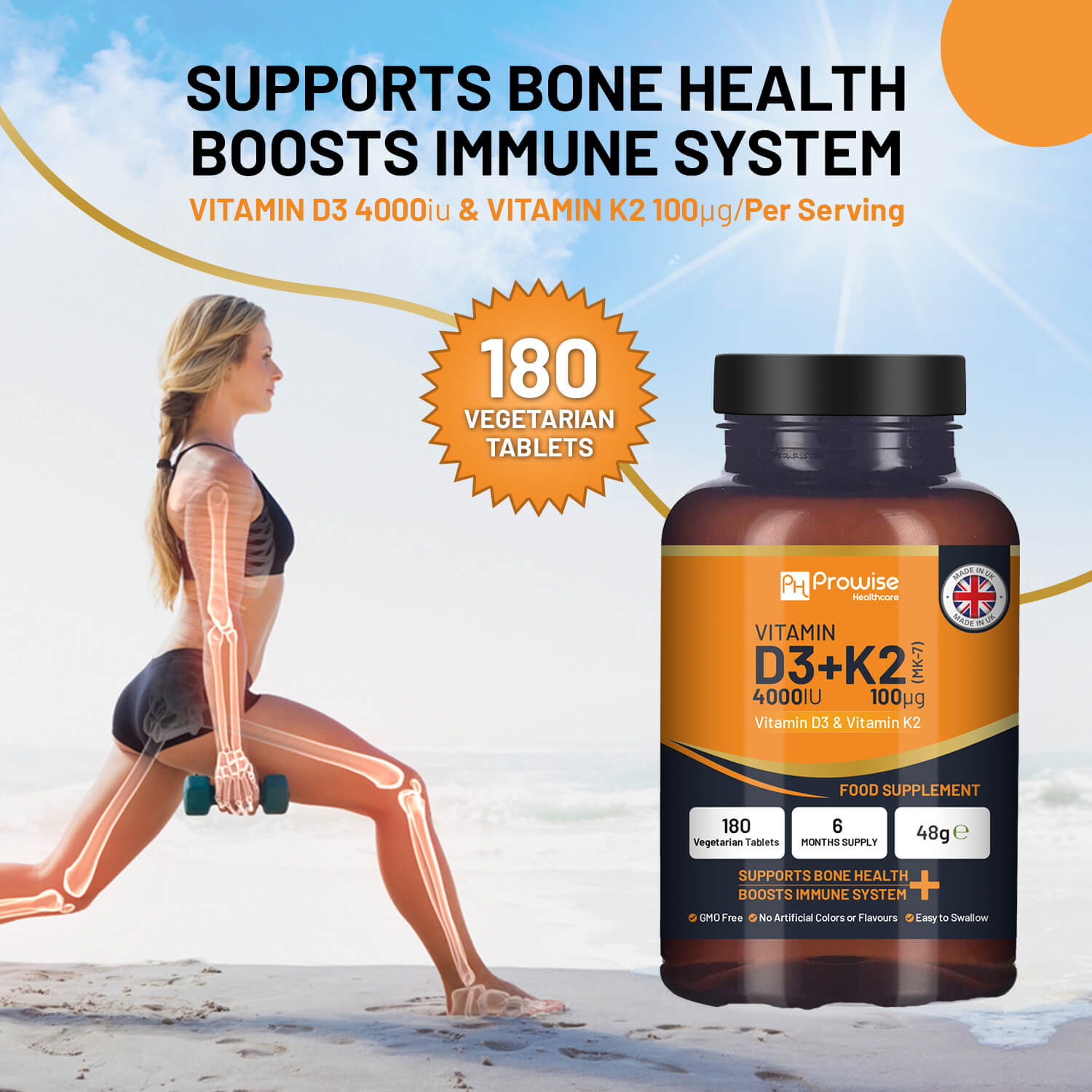 Vitamin D3 4000IU + K2 MK-7 100μg (180 Veg Tablets) Immune & Bone Support