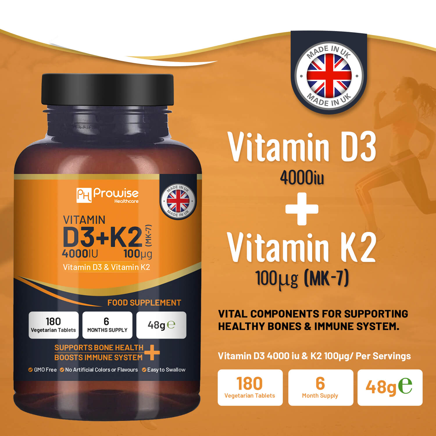 Vitamin D3 4000IU + K2 MK-7 100μg (180 Veg Tablets) Immune & Bone Support