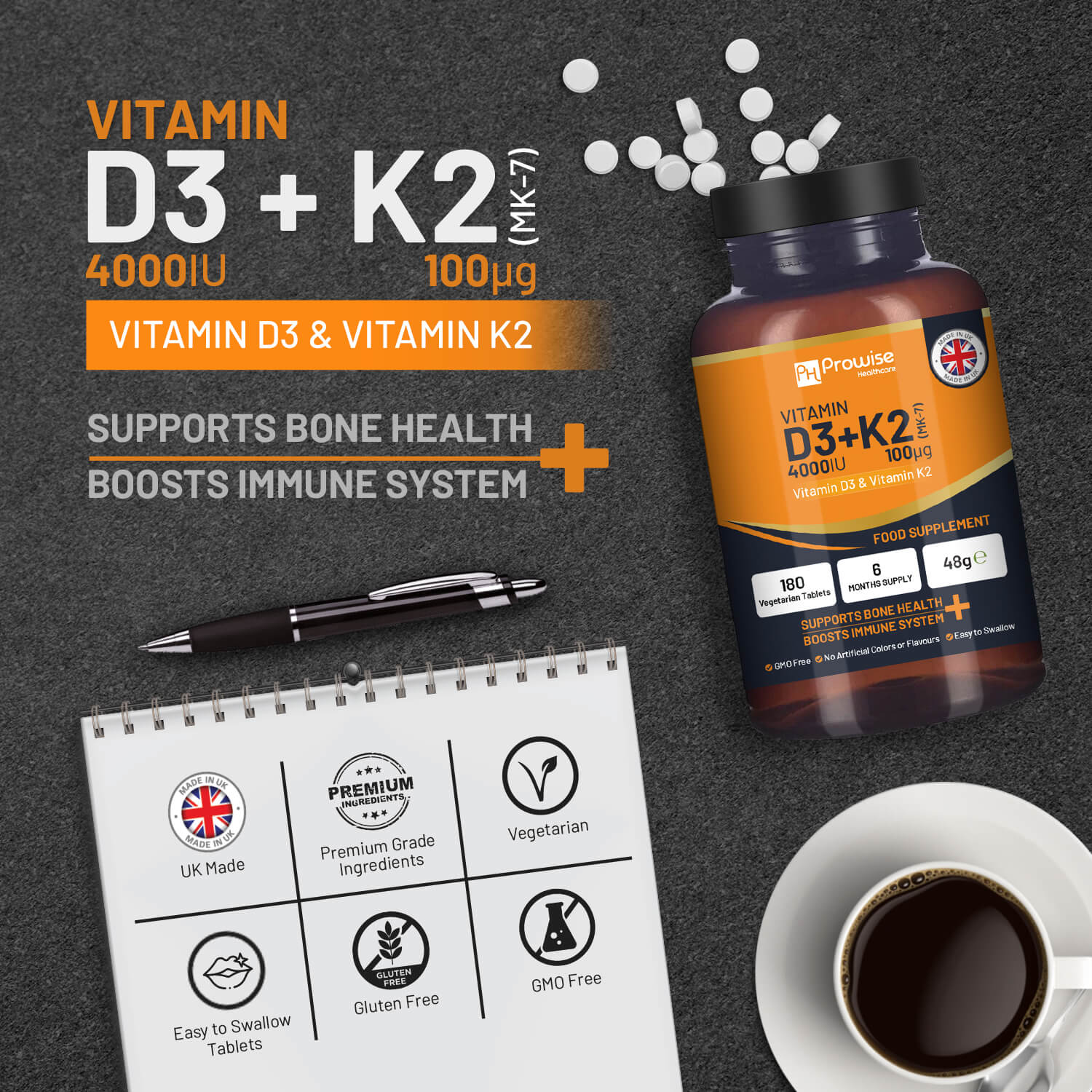 Vitamin D3 4000IU + K2 MK-7 100μg (180 Veg Tablets) Immune & Bone Support