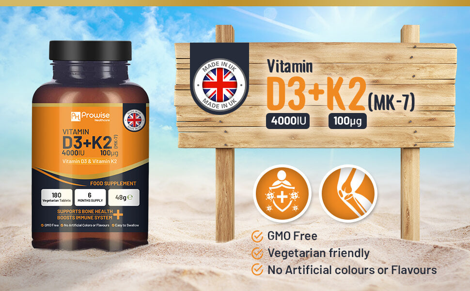 Vitamin D3 4000IU + K2 MK-7 100μg (180 Veg Tablets) Immune & Bone Support