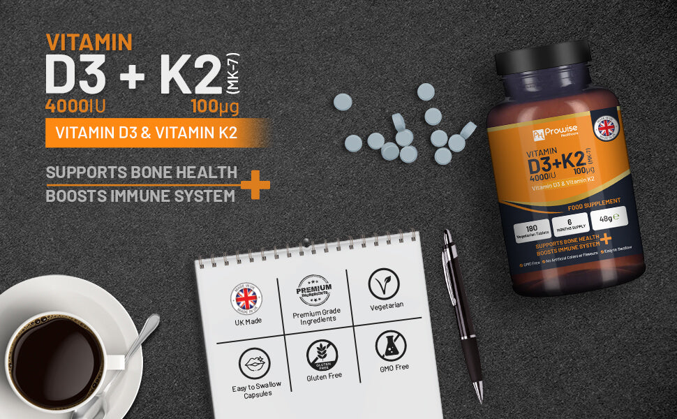 Vitamin D3 4000IU + K2 MK-7 100μg (180 Veg Tablets) Immune & Bone Support