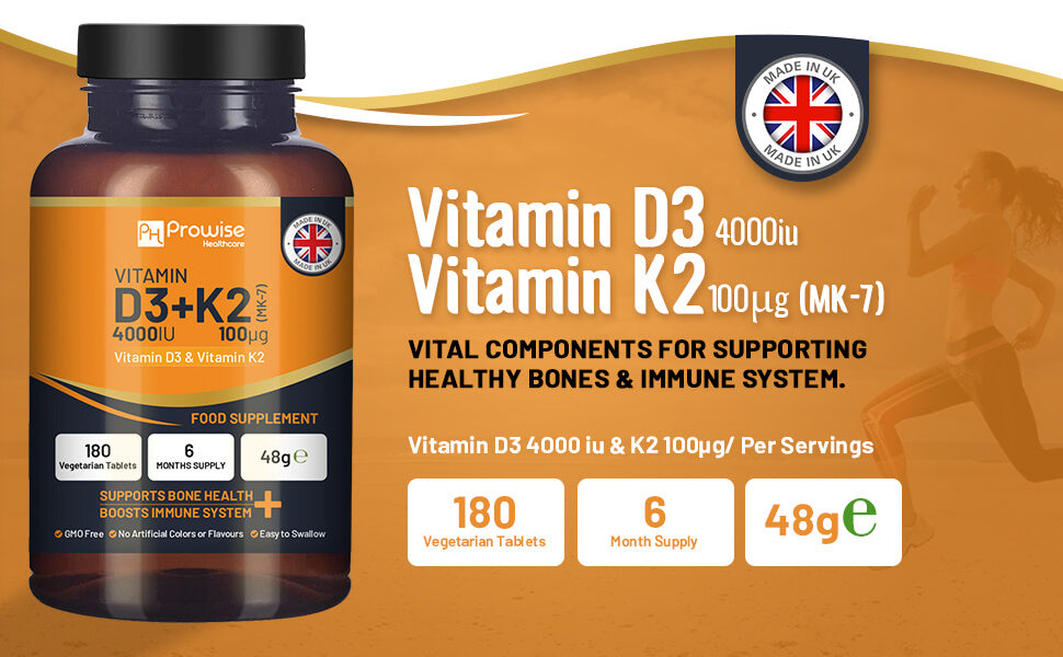Vitamin D3 4000IU + K2 MK-7 100μg (180 Veg Tablets) Immune & Bone Support
