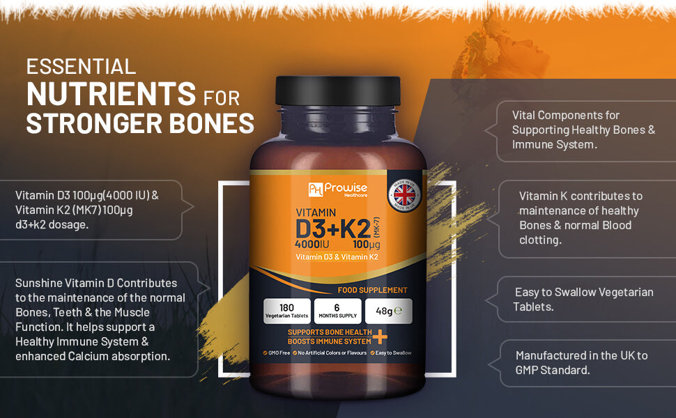 Vitamin D3 4000IU + K2 MK-7 100μg (180 Veg Tablets) Immune & Bone Support