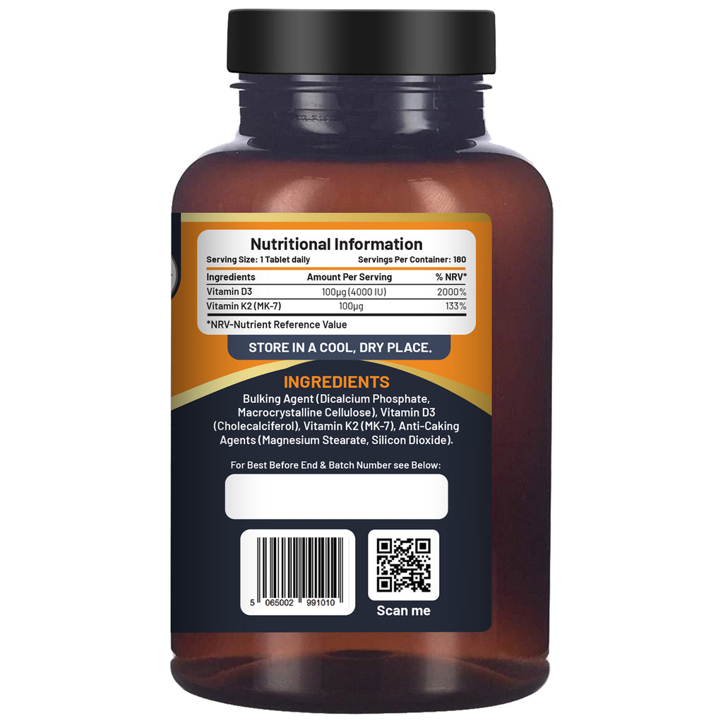 Vitamin D3 4000IU + K2 MK-7 100μg (180 Veg Tablets) Immune & Bone Support