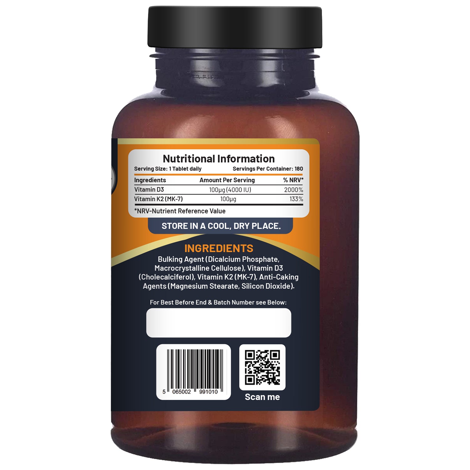 Vitamin D3 4000IU + K2 MK-7 100μg (180 Veg Tablets) Immune & Bone Support