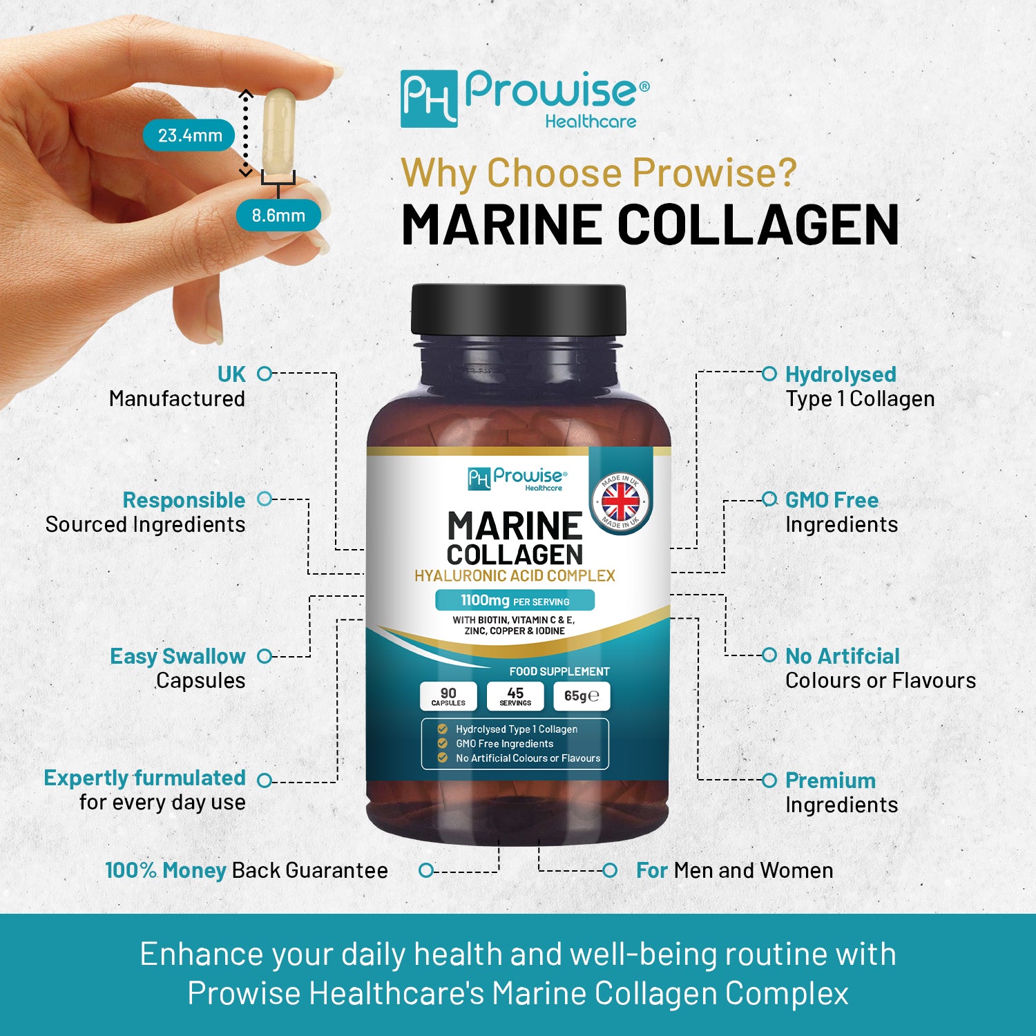 Marine Collagen + Hyaluronic Acid 1100mg - 90 Capsules for Women & Men - UK Made