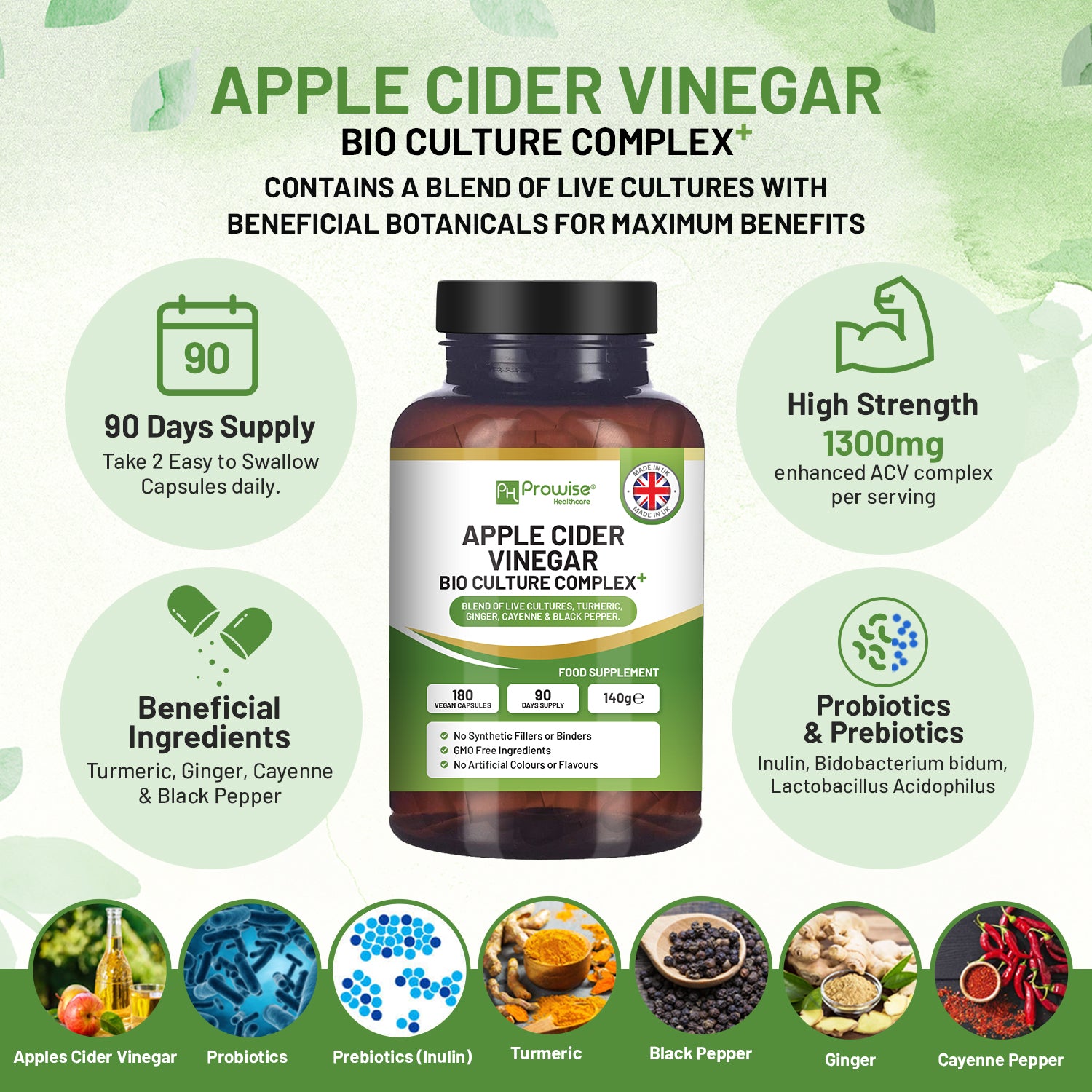 Apple Cider Vinegar Bio Culture Complex 1300mg - 180 Vegan Capsules UK Made
