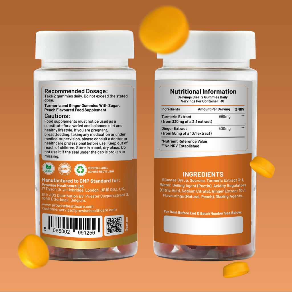 Turmeric & Ginger Pro Gummies - 60 Vegan, Natural Peach Flavor