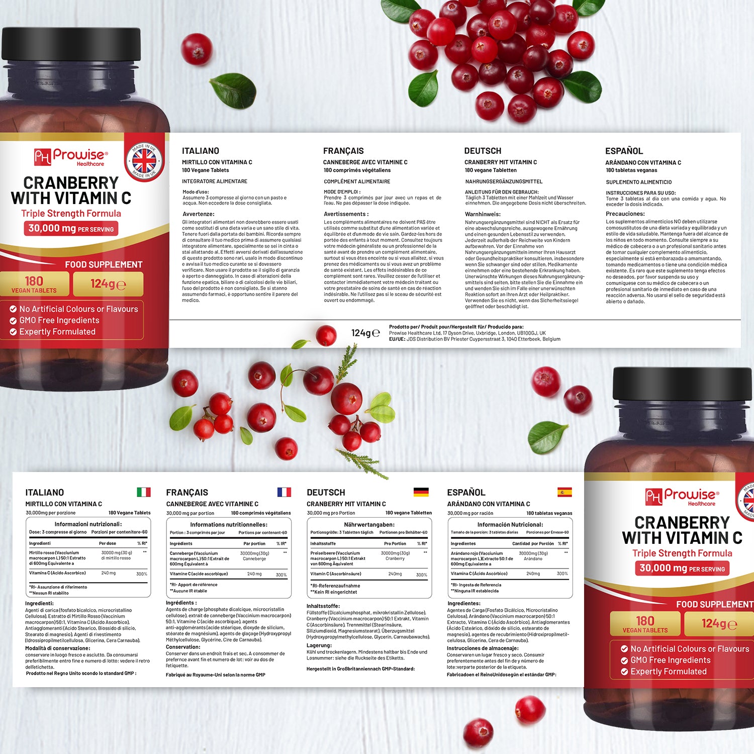 Triple Strength Cranberry 30,000mg + Vitamin C - 180 Vegan Tablets by Prowise