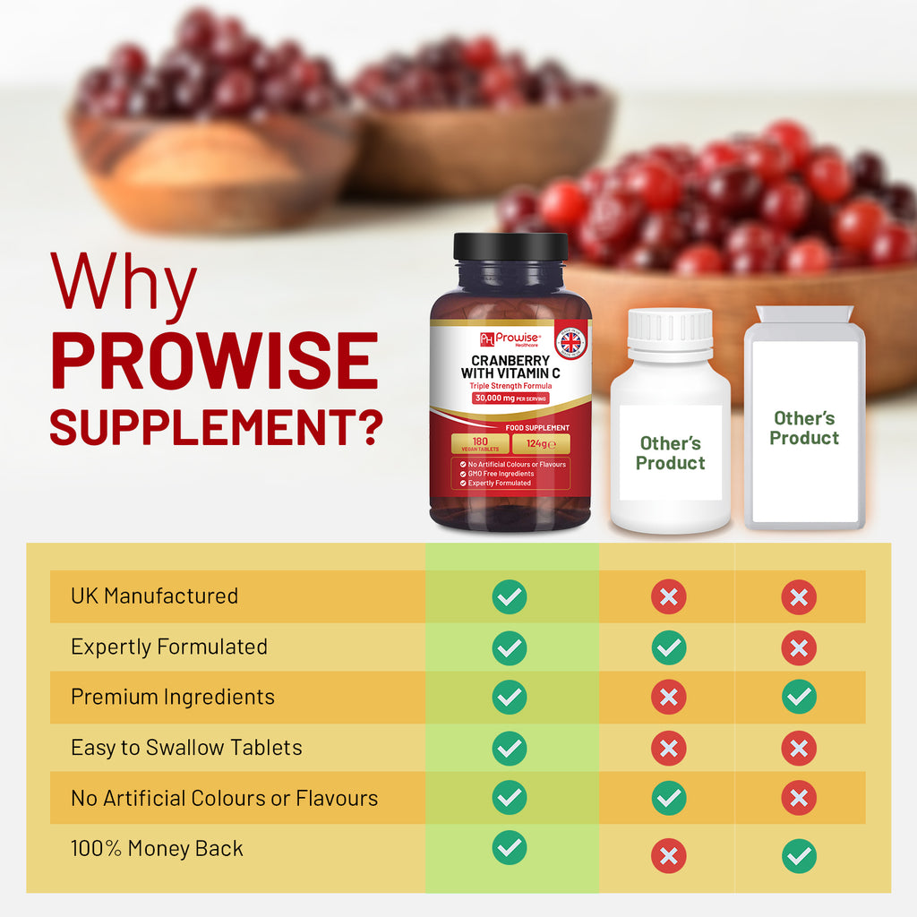 Triple Strength Cranberry 30,000mg + Vitamin C - 180 Vegan Tablets by Prowise