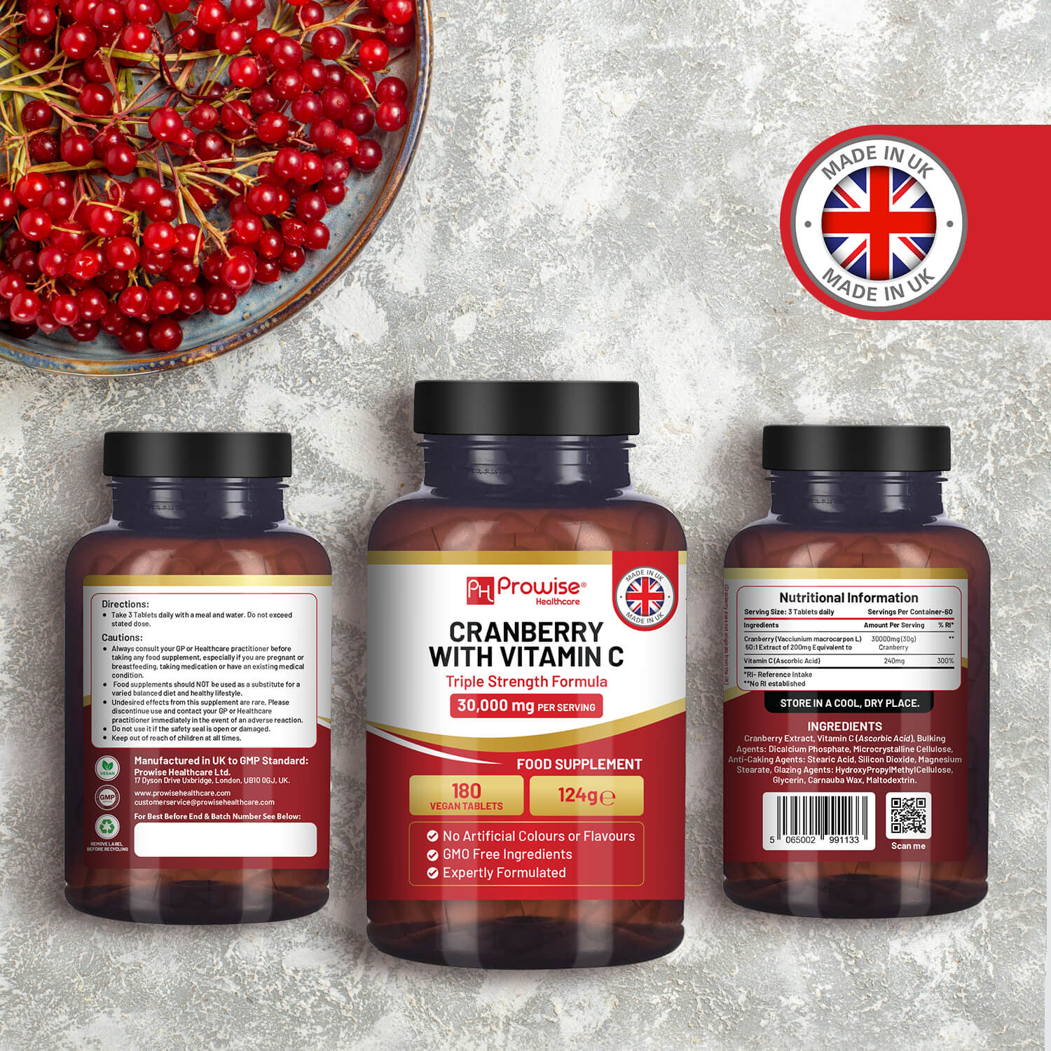 Triple Strength Cranberry 30,000mg + Vitamin C - 180 Vegan Tablets by Prowise