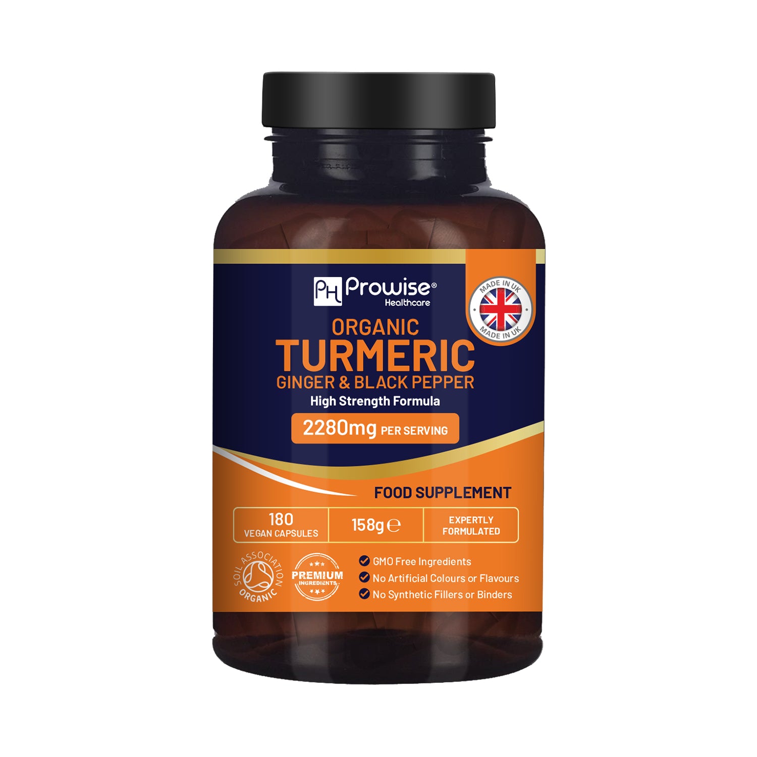 Organic Turmeric 2280mg High-Strength with Ginger & Black Pepper 180 Vegan Caps