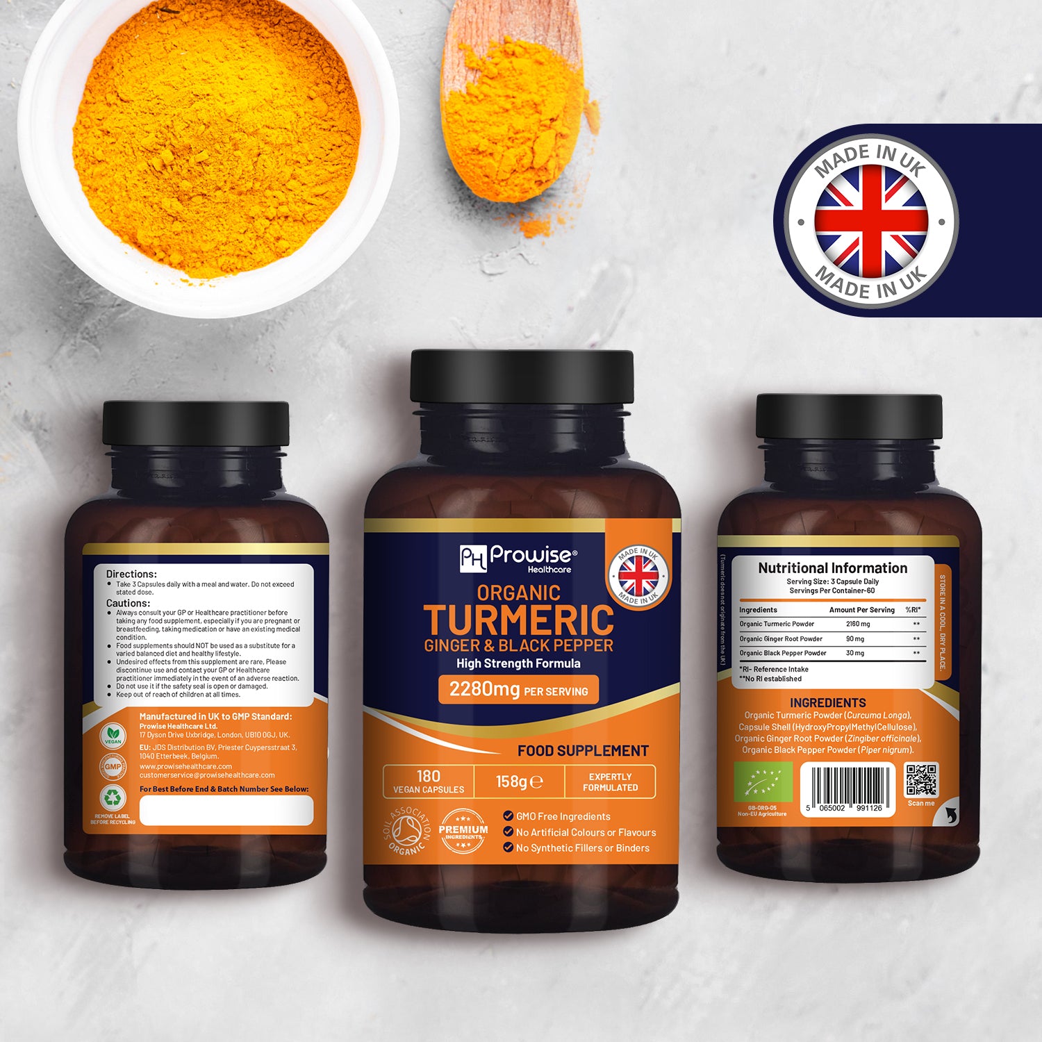 Organic Turmeric 2280mg High-Strength with Ginger & Black Pepper 180 Vegan Caps