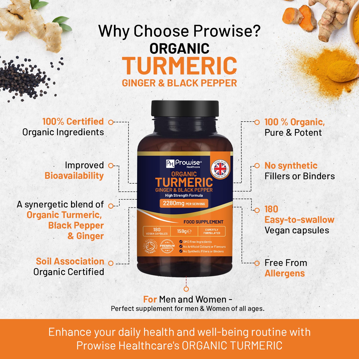 Organic Turmeric 2280mg High-Strength with Ginger & Black Pepper 180 Vegan Caps