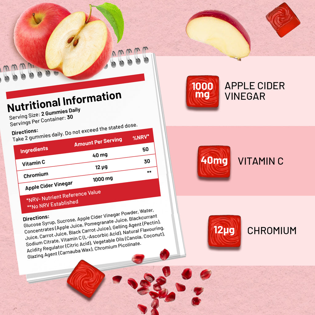 Vegan Apple Cider Vinegar Gummies 1000mg - Apple Flavour, Vitamin C, Chromium