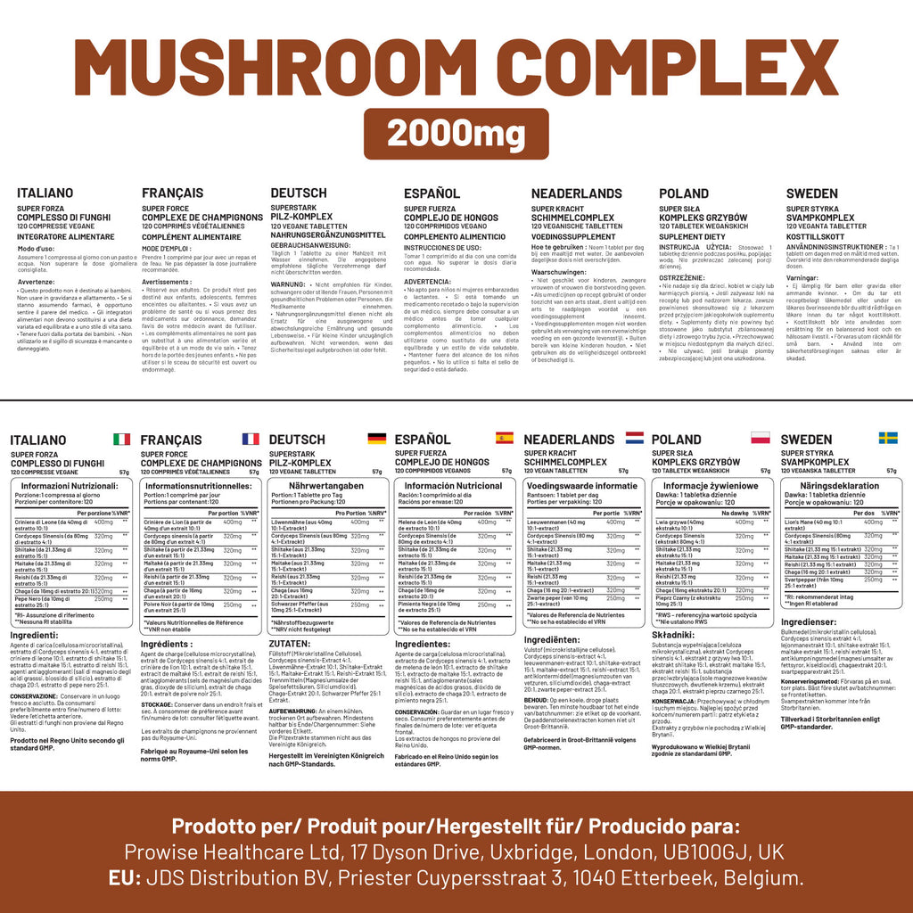 Advanced Mushroom Complex 2000mg - 6-Mushroom Blend, 120 Vegan Tablets (UK)