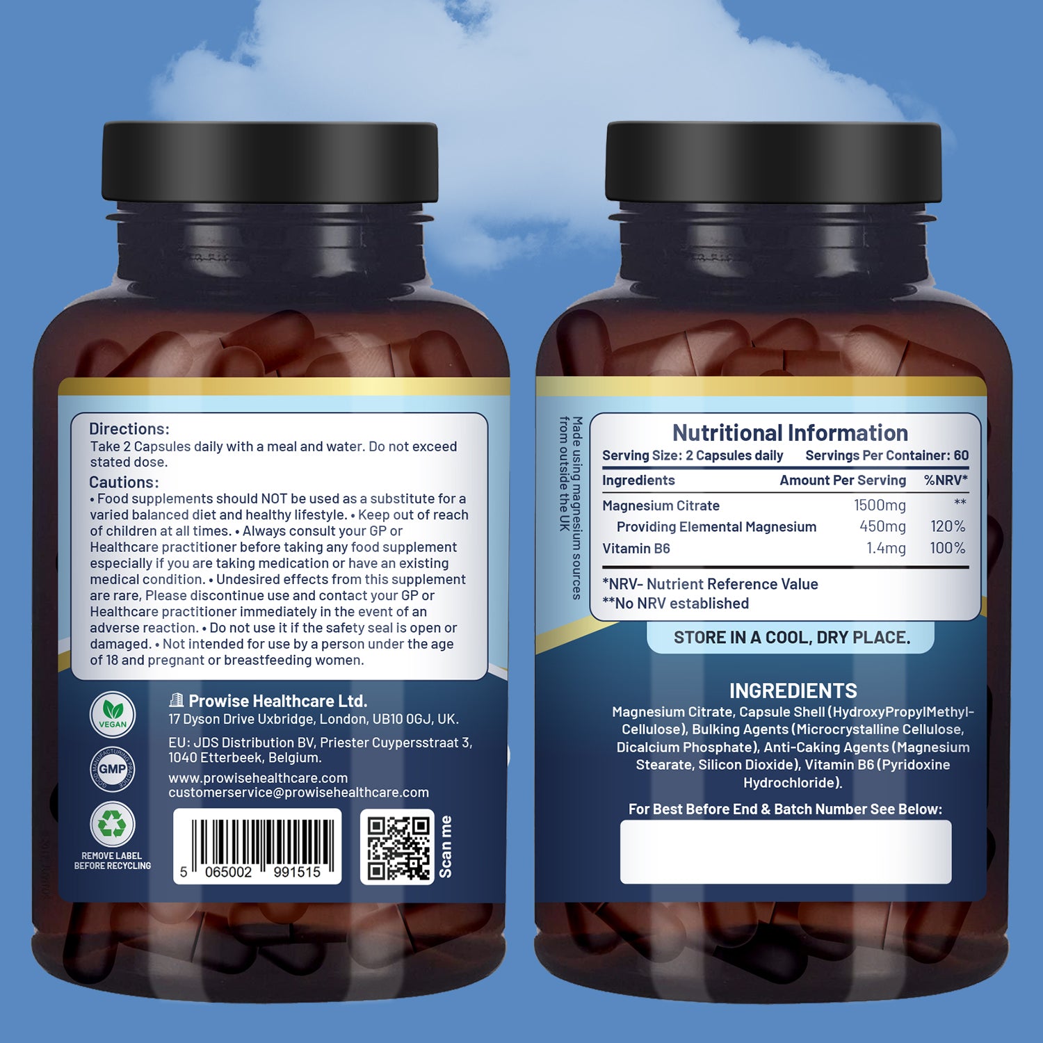 Prowise Magnesium Citrate 1500mg + Vitamin B6 - 120 Vegan Capsules - UK Made