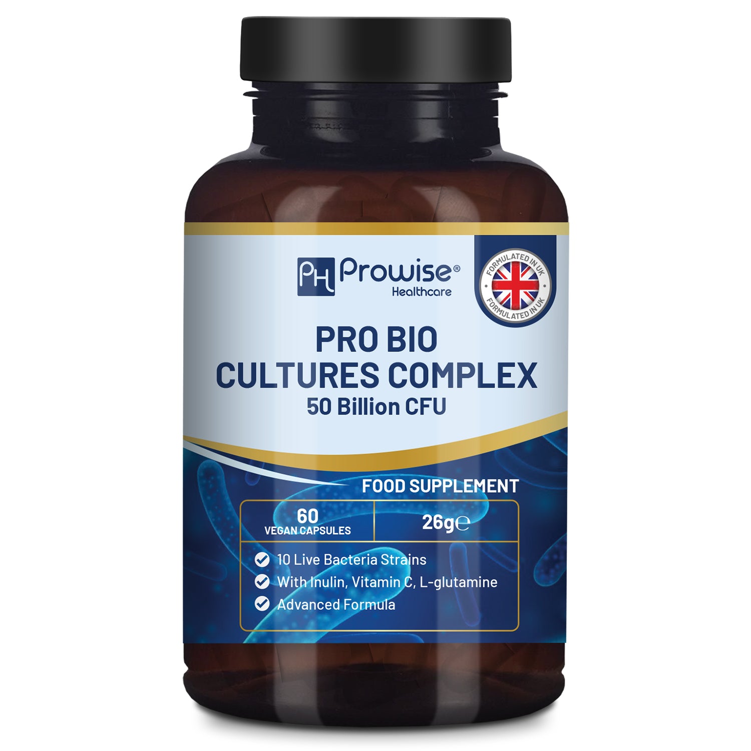 Pro Bio Cultures Complex: Probiotics with Inulin, L-Glutamine & Vitamin C