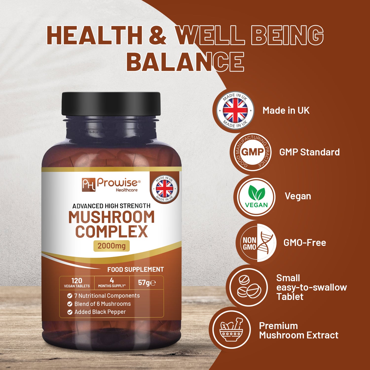 Advanced Mushroom Complex 2000mg - 6-Mushroom Blend, 120 Vegan Tablets (UK)