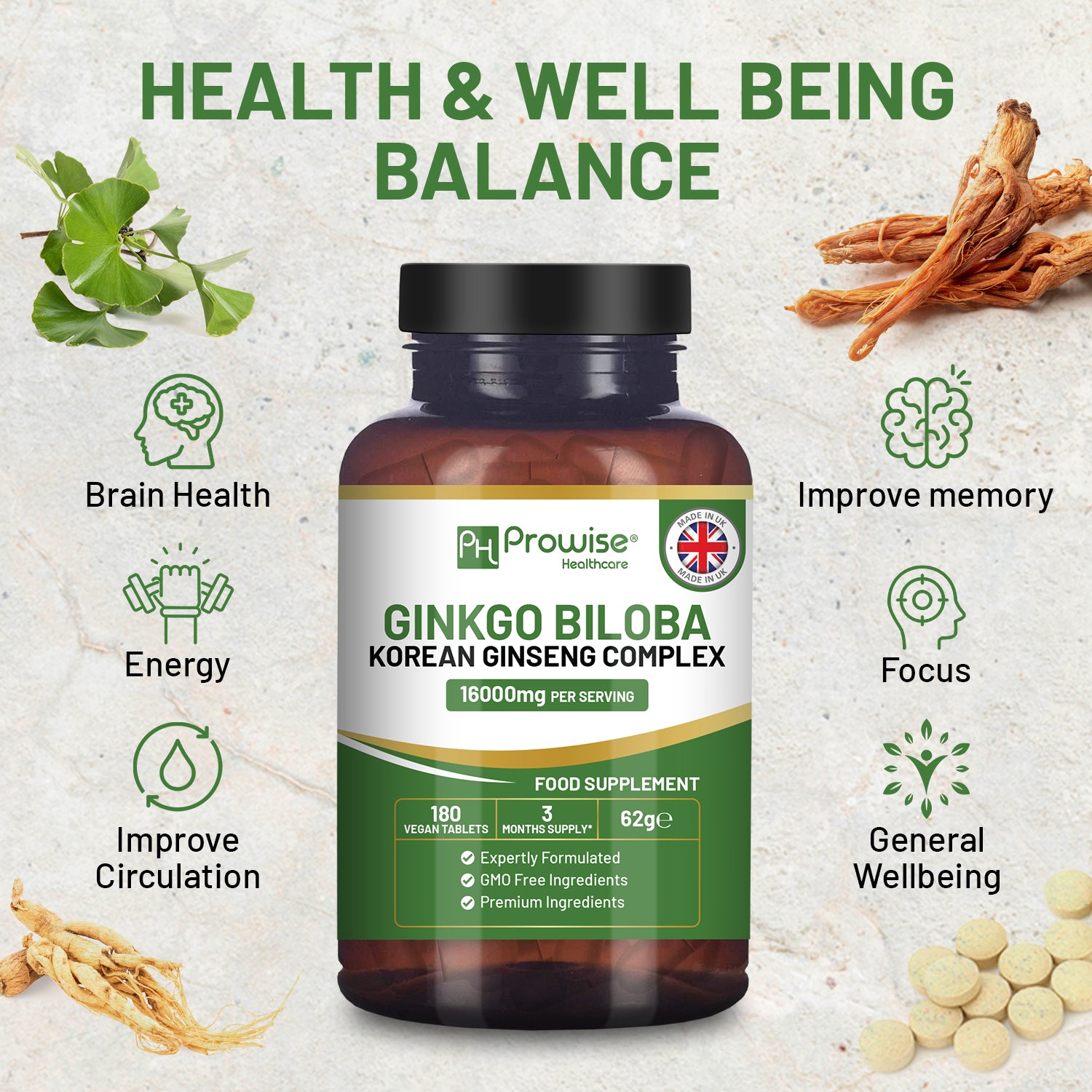 Prowise Ginkgo Biloba & Korean Ginseng 16000mg - 180 Vegan Tablets