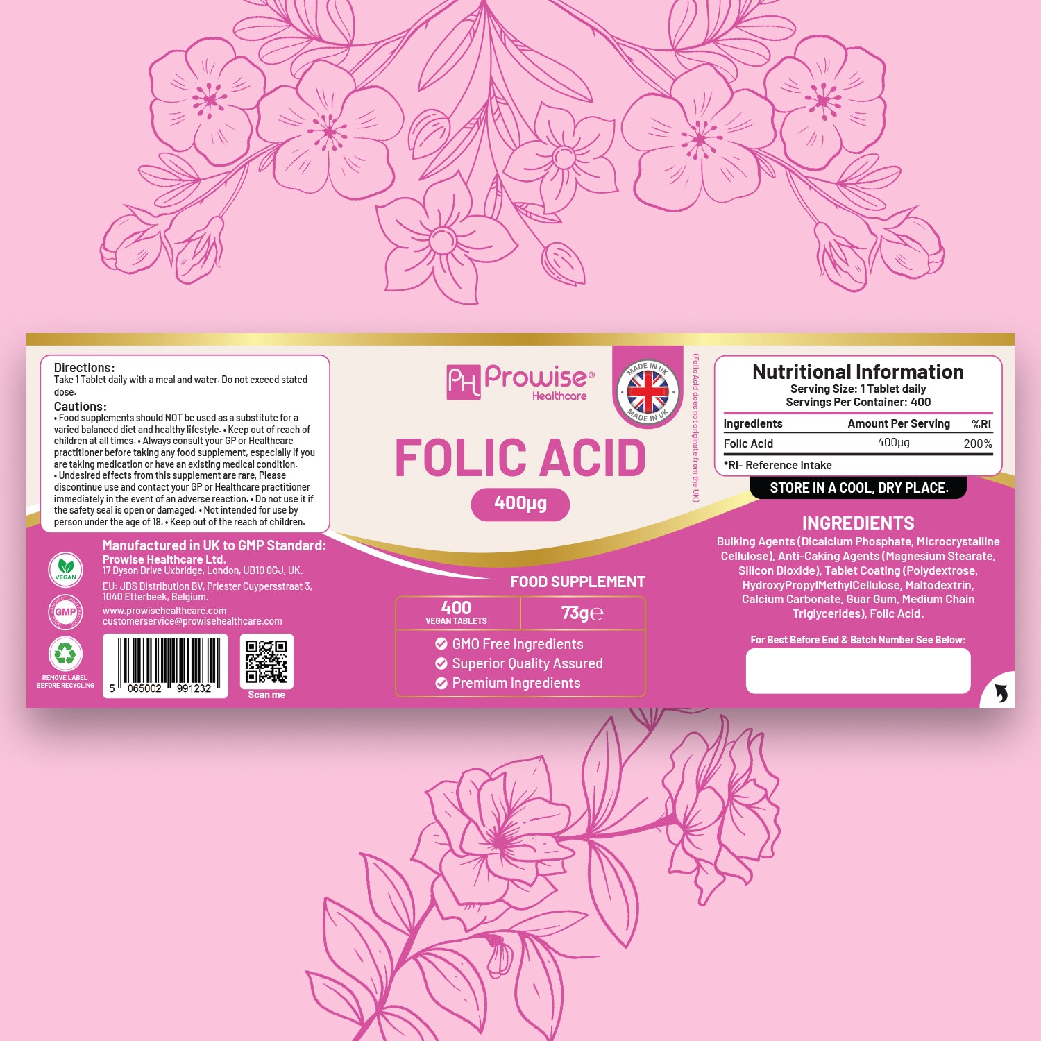 Folic Acid 400 mcg Tablets - 400 Vegan Vitamin B9 for Daily Health