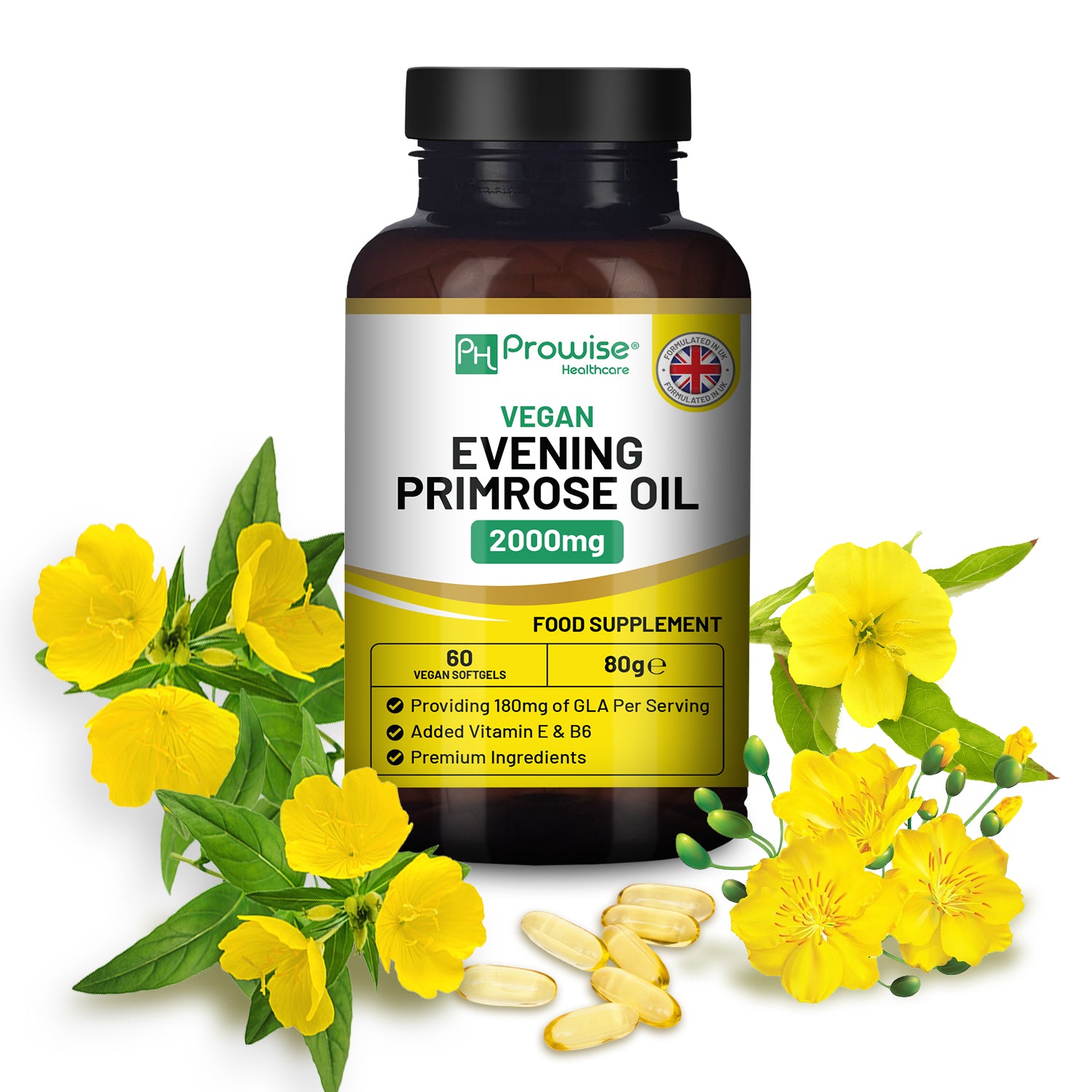 Vegan Evening Primrose Oil 2000mg with Vitamin E & B6, 60 Softgels