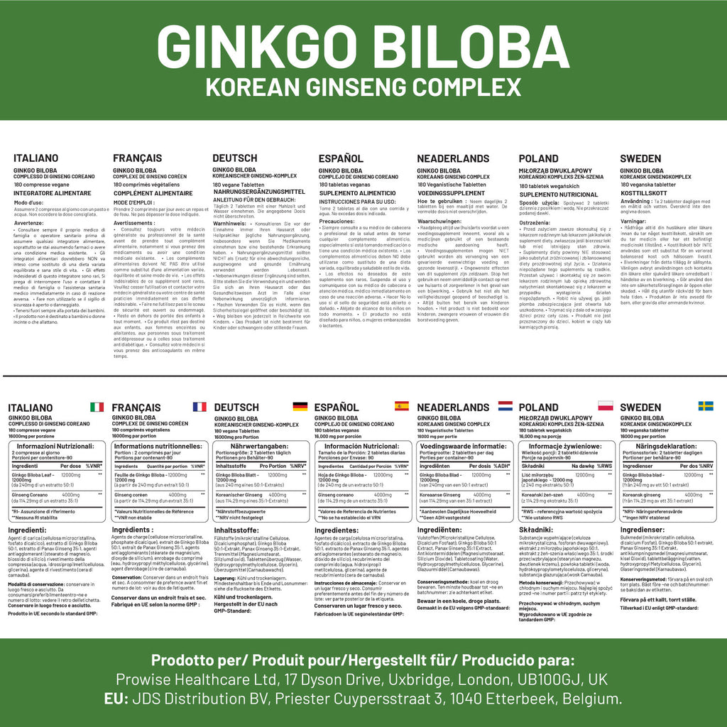 Prowise Ginkgo Biloba & Korean Ginseng 16000mg - 180 Vegan Tablets